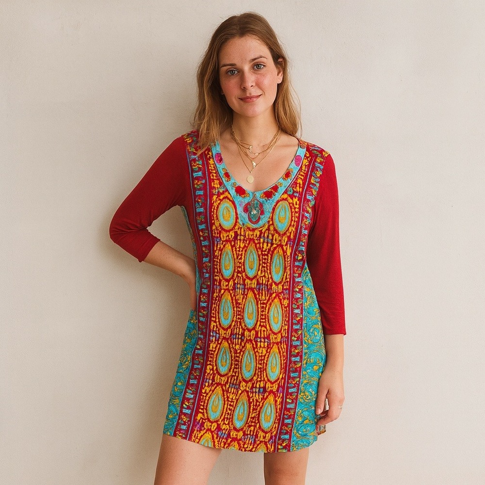 Ritu Kumar Dress Womens‎ 2 Mini Colorful Print 3/4 Sleeve Bohemian Embroidered